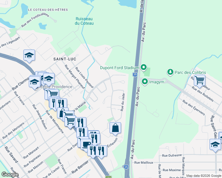 map of restaurants, bars, coffee shops, grocery stores, and more near 276 Rue des Échevins in Saint-Jean-sur-Richelieu