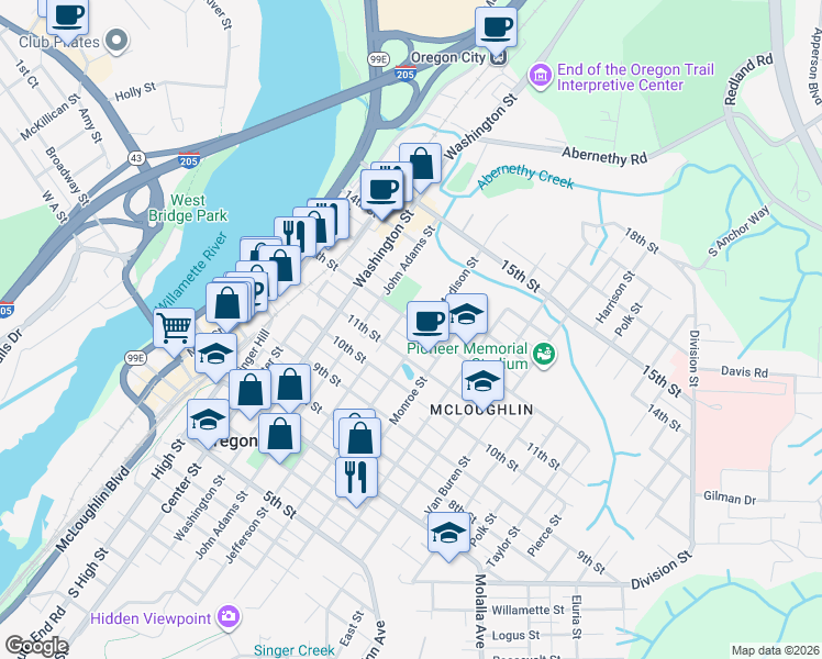 map of restaurants, bars, coffee shops, grocery stores, and more near 812 12th Street in Oregon City
