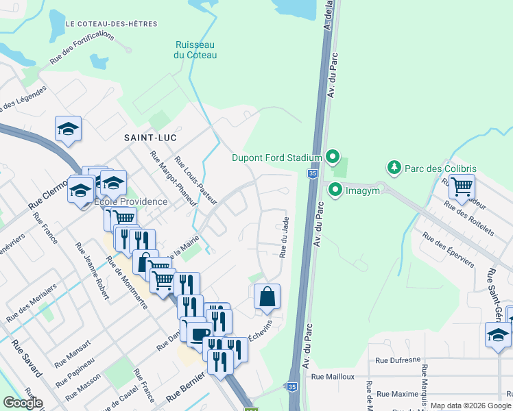 map of restaurants, bars, coffee shops, grocery stores, and more near 276 Rue des Échevins in Saint-Jean-sur-Richelieu