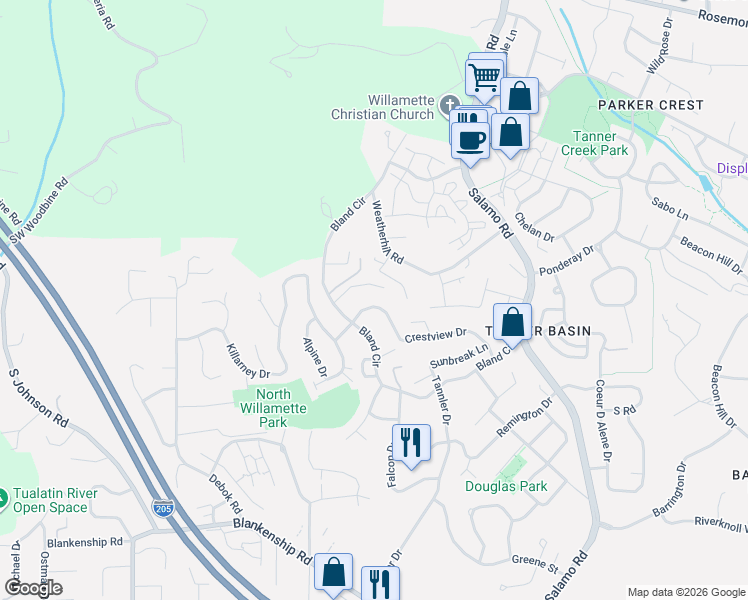 map of restaurants, bars, coffee shops, grocery stores, and more near 2235 Crestview Drive in West Linn