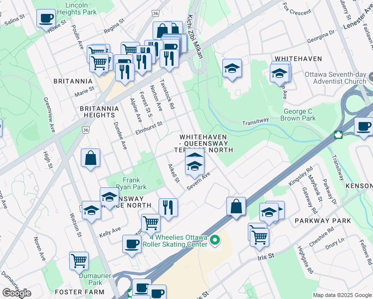 map of restaurants, bars, coffee shops, grocery stores, and more near 938 Tavistock Road in Ottawa