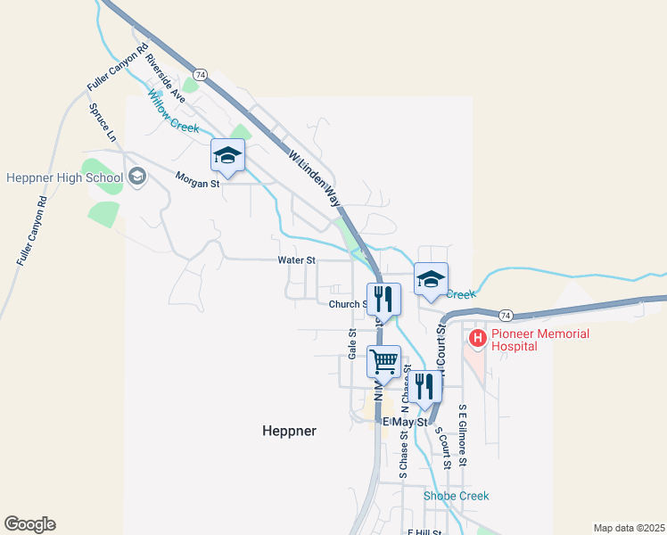 map of restaurants, bars, coffee shops, grocery stores, and more near 570 Jones Street in Heppner