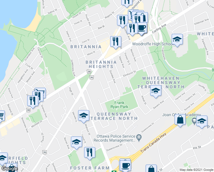 map of restaurants, bars, coffee shops, grocery stores, and more near in Ottawa