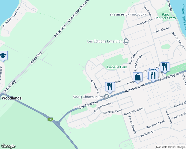 map of restaurants, bars, coffee shops, grocery stores, and more near 190 Rue Léon-Bloy in Châteauguay