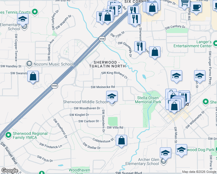 map of restaurants, bars, coffee shops, grocery stores, and more near 22244 Southwest Sir Lancelot Lane in Sherwood