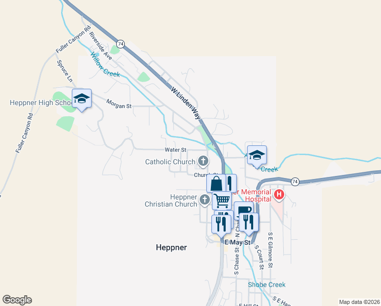 map of restaurants, bars, coffee shops, grocery stores, and more near 280 Water Street in Heppner