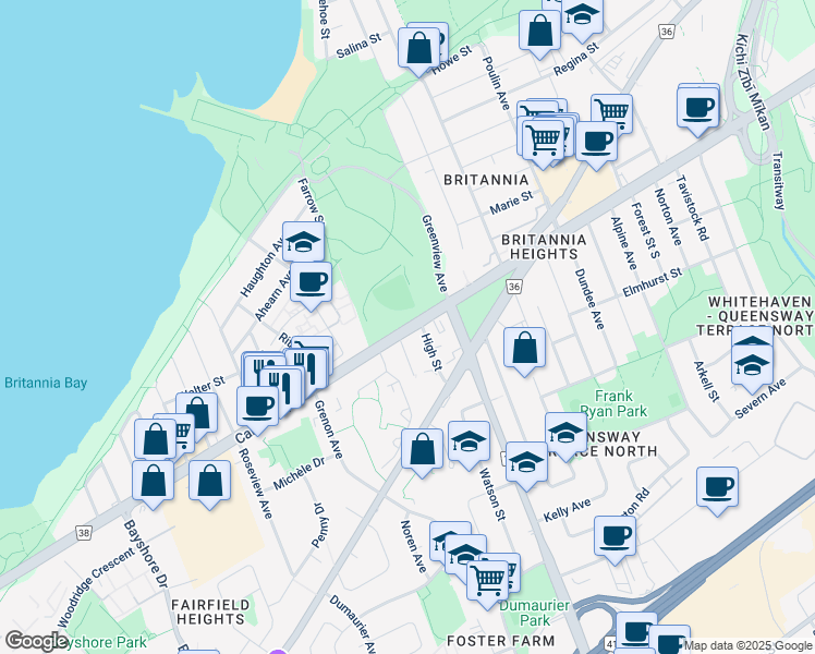 map of restaurants, bars, coffee shops, grocery stores, and more near Carling Avenue in Ottawa