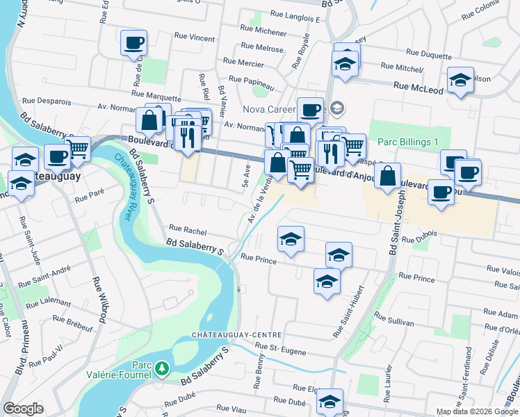 map of restaurants, bars, coffee shops, grocery stores, and more near 101 Avenue de la Verdure in Châteauguay
