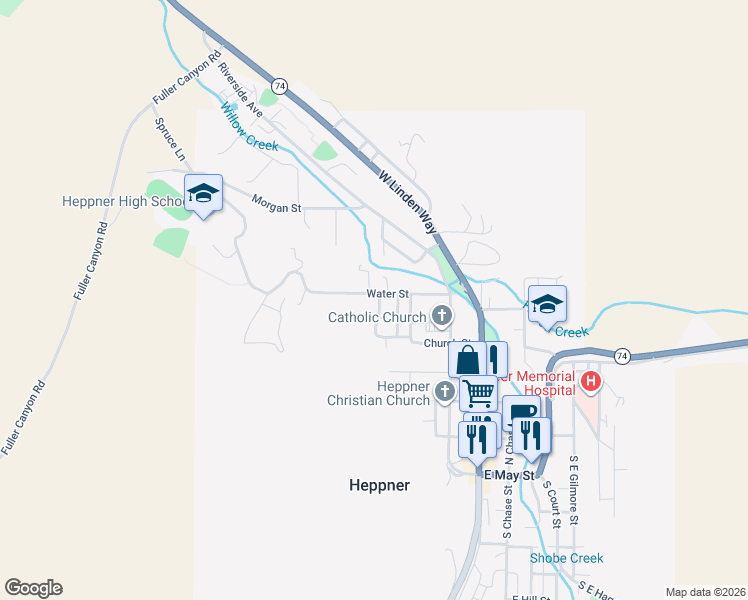 map of restaurants, bars, coffee shops, grocery stores, and more near 420 Water Street in Heppner