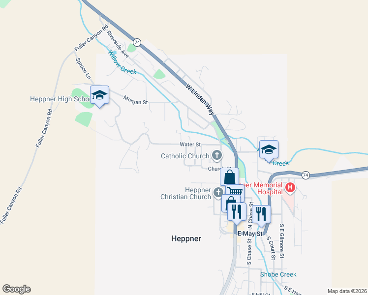 map of restaurants, bars, coffee shops, grocery stores, and more near 420 Water Street in Heppner