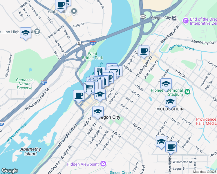 map of restaurants, bars, coffee shops, grocery stores, and more near 900 Main Street in Oregon City