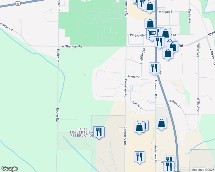map of restaurants, bars, coffee shops, grocery stores, and more near 181 Vantage View Drive in Petoskey