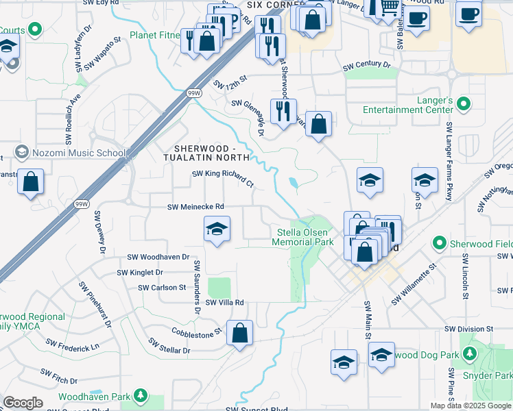map of restaurants, bars, coffee shops, grocery stores, and more near 1155 Southwest Meinecke Road in Sherwood