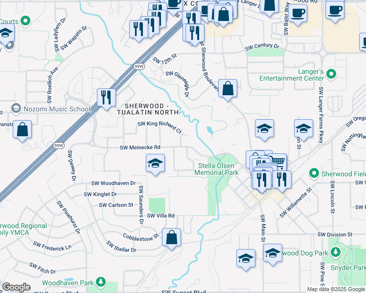 map of restaurants, bars, coffee shops, grocery stores, and more near 1155 Southwest Meinecke Road in Sherwood