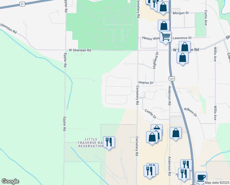 map of restaurants, bars, coffee shops, grocery stores, and more near 181-185 Vantage View Drive in Petoskey