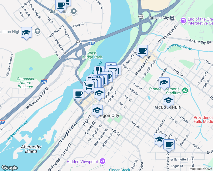 map of restaurants, bars, coffee shops, grocery stores, and more near 900 Main Street in Oregon City
