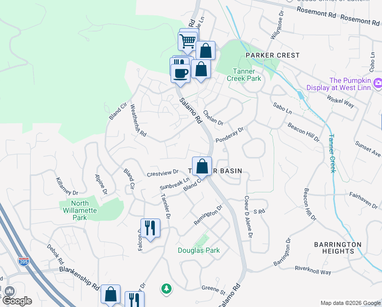 map of restaurants, bars, coffee shops, grocery stores, and more near 2625 Satter Street in West Linn