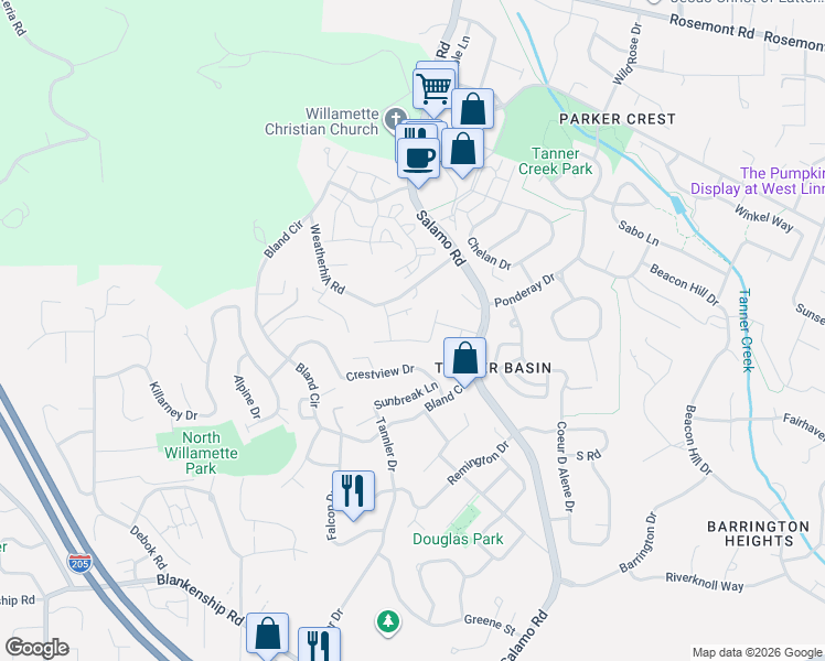 map of restaurants, bars, coffee shops, grocery stores, and more near 2510 Satter Street in West Linn