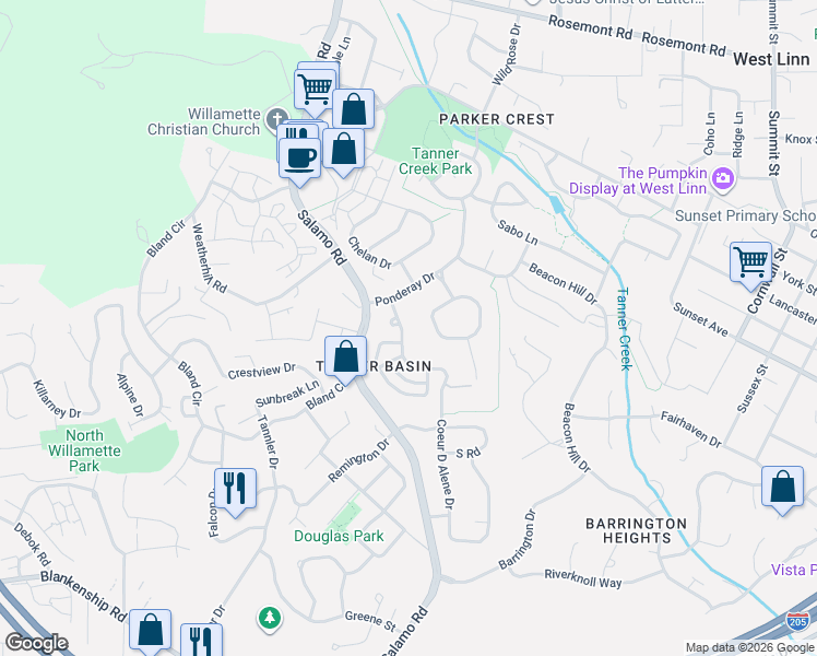 map of restaurants, bars, coffee shops, grocery stores, and more near 3491 Coeur D Alene Drive in West Linn