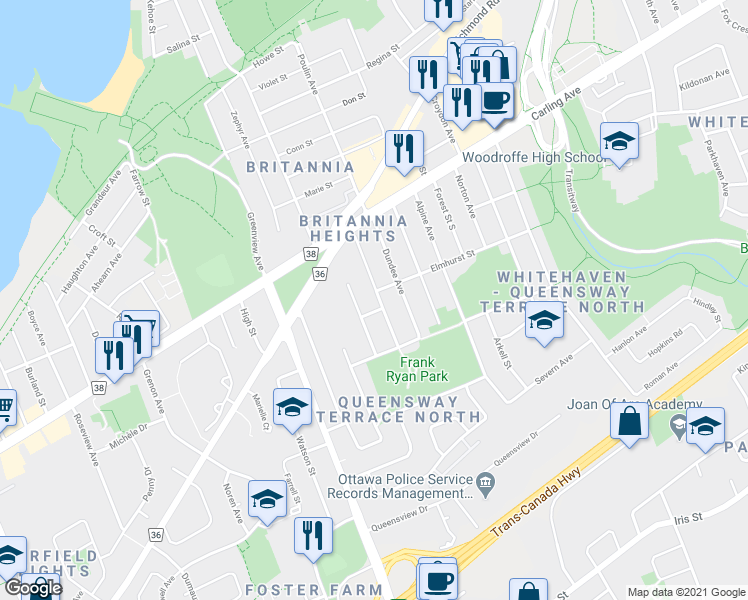 map of restaurants, bars, coffee shops, grocery stores, and more near in Ottawa
