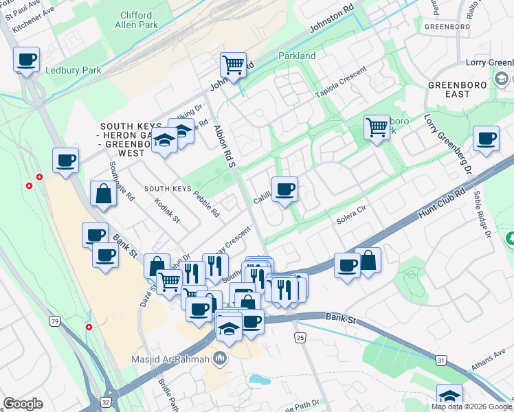 map of restaurants, bars, coffee shops, grocery stores, and more near 400 Marlin Private in Ottawa