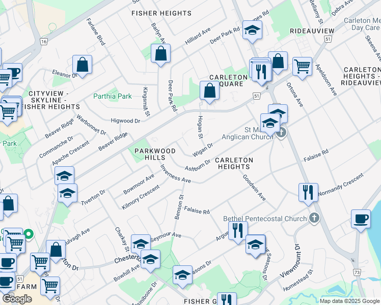 map of restaurants, bars, coffee shops, grocery stores, and more near 53 Wigan Drive in Ottawa