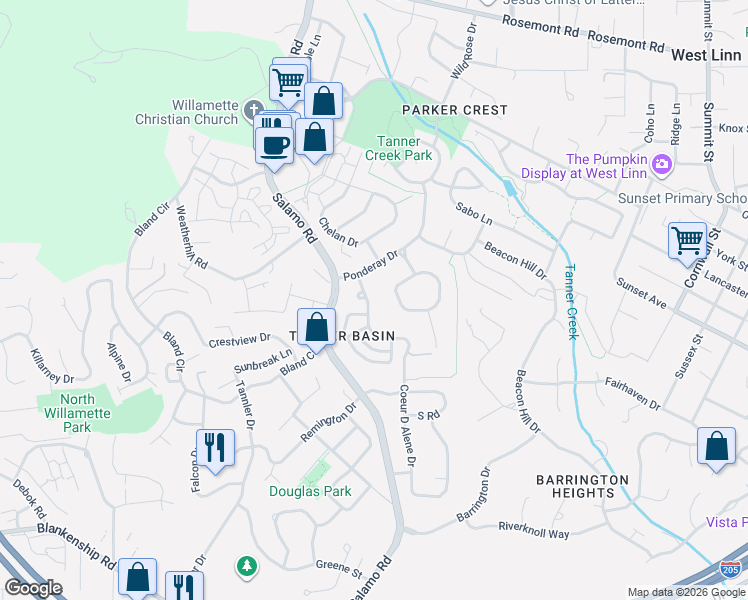 map of restaurants, bars, coffee shops, grocery stores, and more near 3491 Coeur D Alene Drive in West Linn