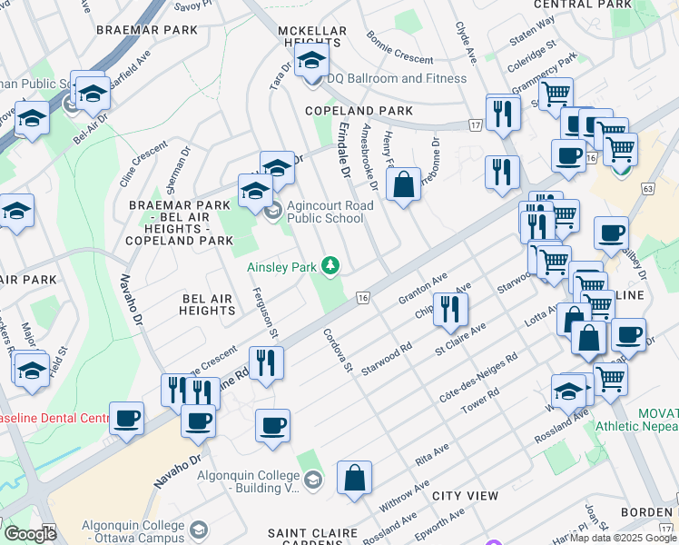 map of restaurants, bars, coffee shops, grocery stores, and more near 1639 Ainsley Drive in Ottawa