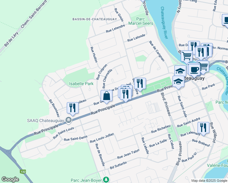 map of restaurants, bars, coffee shops, grocery stores, and more near 137 Rue Dumouchel in Châteauguay