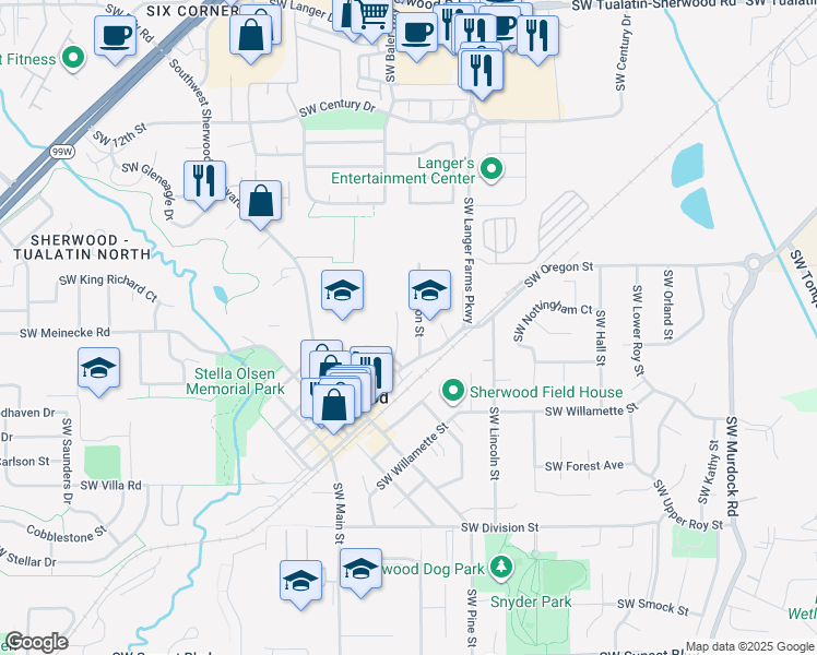 map of restaurants, bars, coffee shops, grocery stores, and more near 15677 Southwest Oregon Street in Sherwood