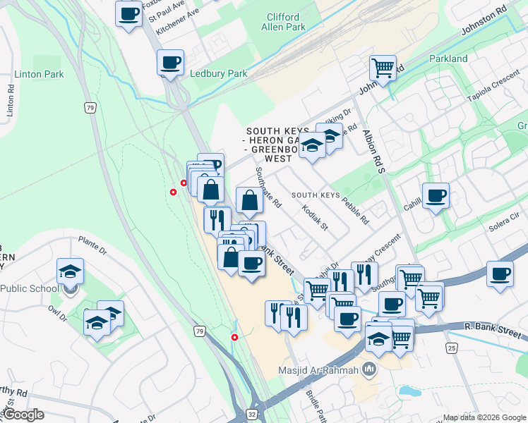 map of restaurants, bars, coffee shops, grocery stores, and more near 3290 Southgate Road in Ottawa
