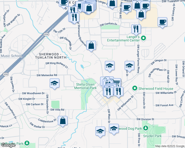 map of restaurants, bars, coffee shops, grocery stores, and more near 22280 Southwest Washington Street in Sherwood