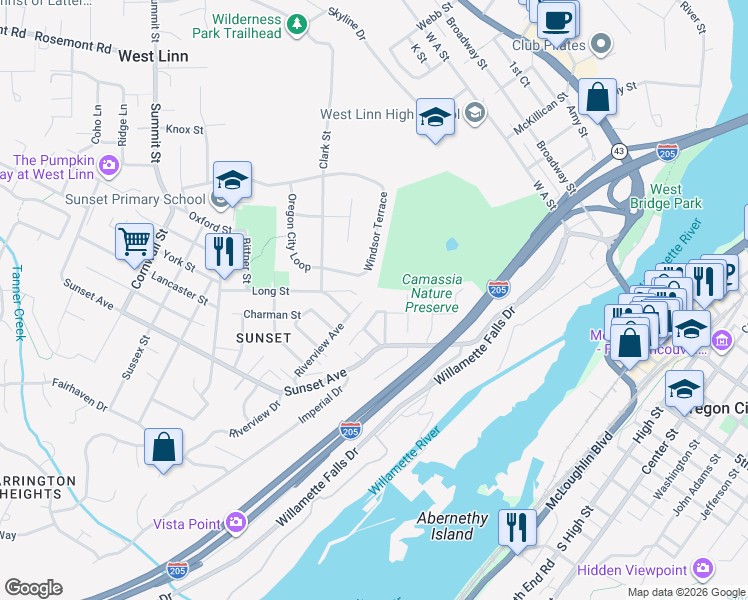 map of restaurants, bars, coffee shops, grocery stores, and more near 4773 Falls View Avenue in West Linn