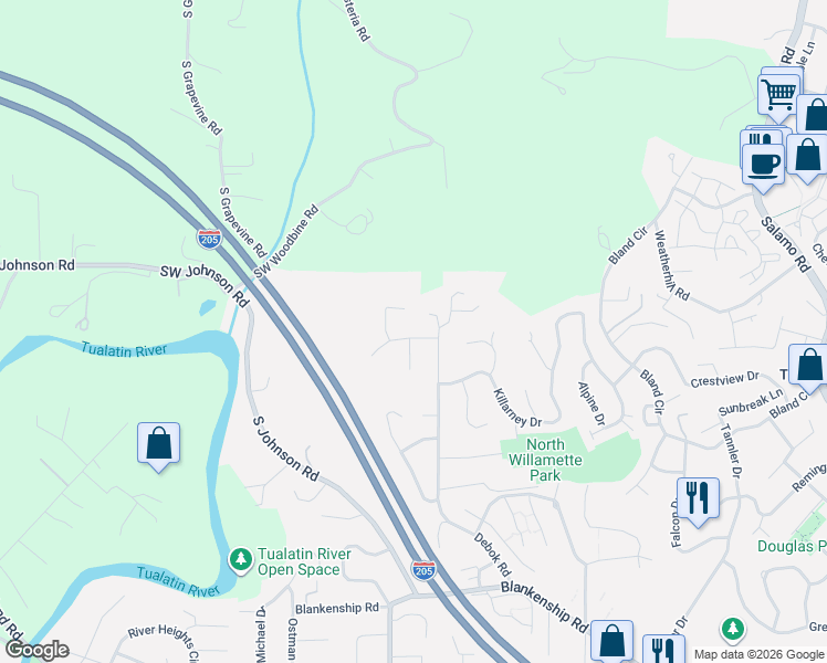 map of restaurants, bars, coffee shops, grocery stores, and more near 1347 Tamarisk Drive in West Linn
