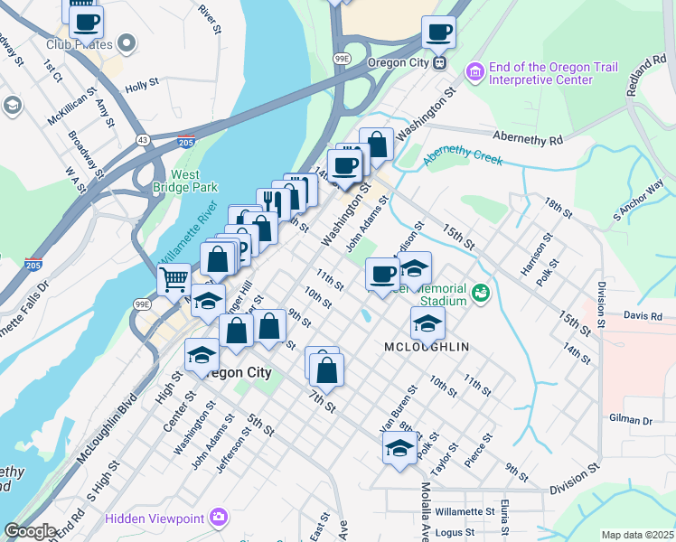 map of restaurants, bars, coffee shops, grocery stores, and more near 1108 John Adams Street in Oregon City