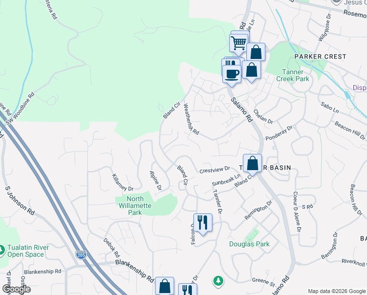 map of restaurants, bars, coffee shops, grocery stores, and more near 2140 Fircrest Drive in West Linn
