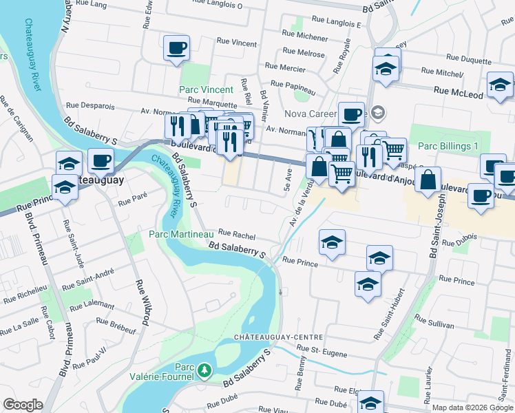 map of restaurants, bars, coffee shops, grocery stores, and more near 4 Rue du Héron - Bleu in Châteauguay