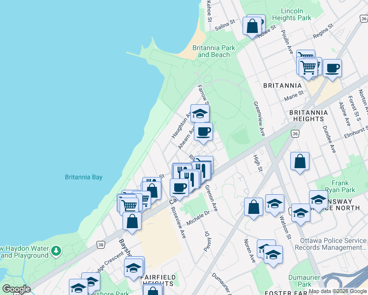 map of restaurants, bars, coffee shops, grocery stores, and more near 2928 Ahearn Avenue in Ottawa