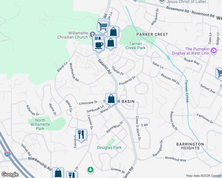 map of restaurants, bars, coffee shops, grocery stores, and more near 2744 Dahlia Drive in West Linn
