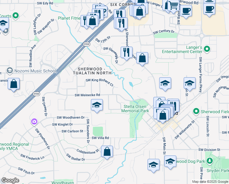 map of restaurants, bars, coffee shops, grocery stores, and more near 22210 Southwest Little John Terrace in Sherwood