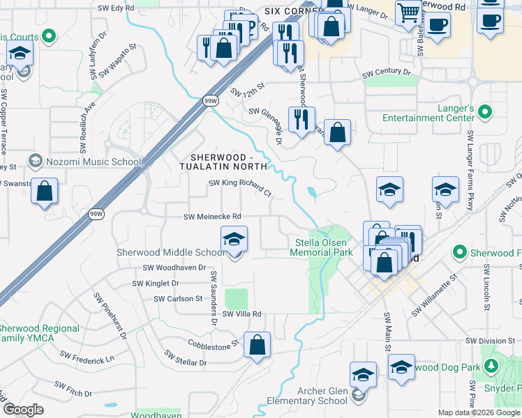 map of restaurants, bars, coffee shops, grocery stores, and more near 22311 Southwest Marshall Street in Sherwood
