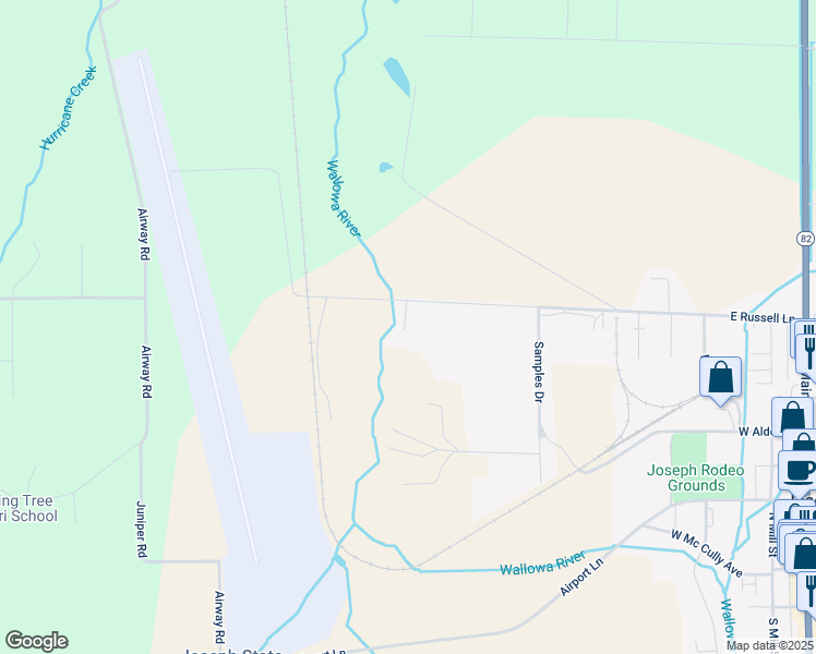 map of restaurants, bars, coffee shops, grocery stores, and more near 83612 Russell Lane in Joseph