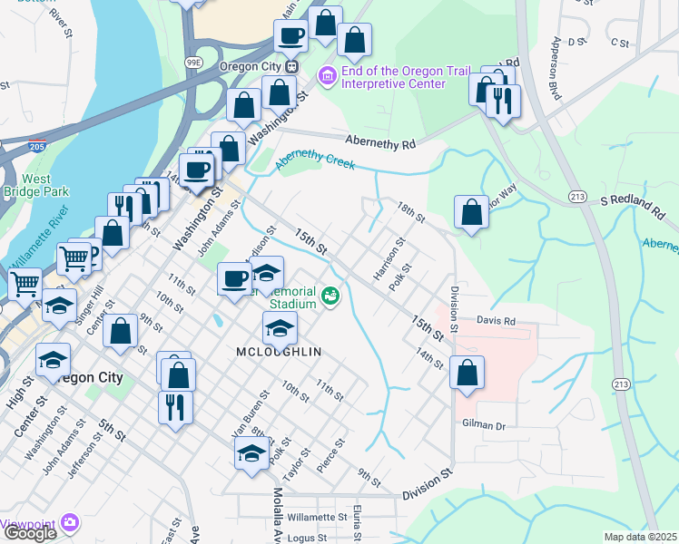 map of restaurants, bars, coffee shops, grocery stores, and more near 1417 12th Street in Oregon City
