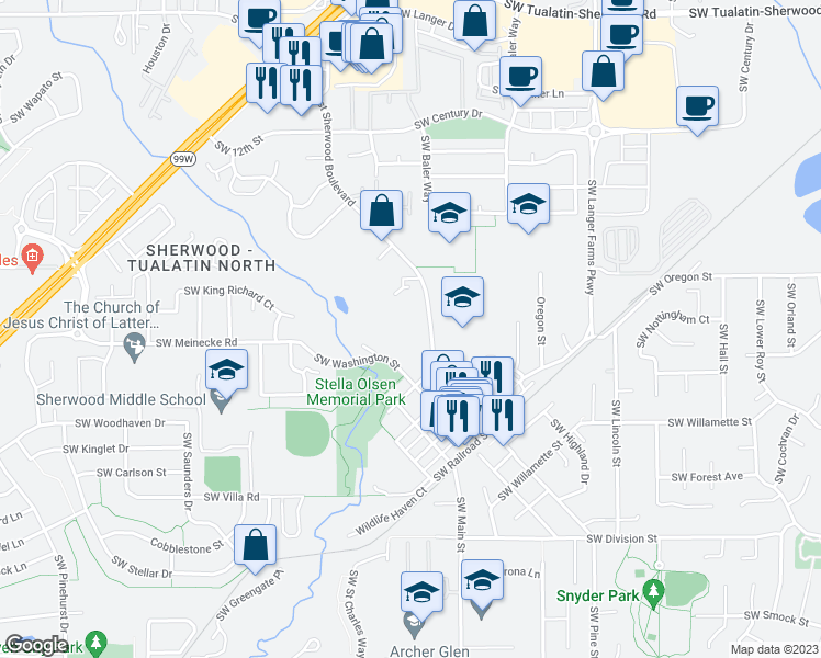 map of restaurants, bars, coffee shops, grocery stores, and more near 22280 Southwest Washington Street in Sherwood