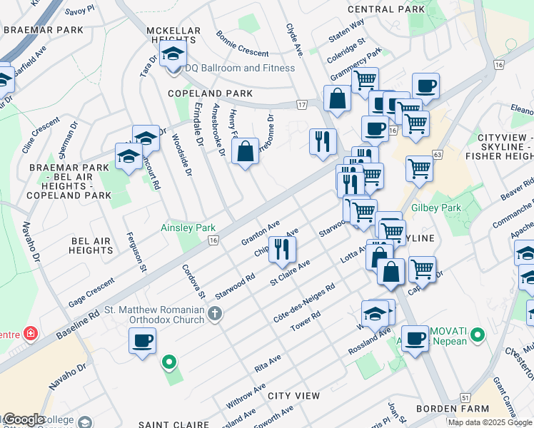map of restaurants, bars, coffee shops, grocery stores, and more near in Ottawa