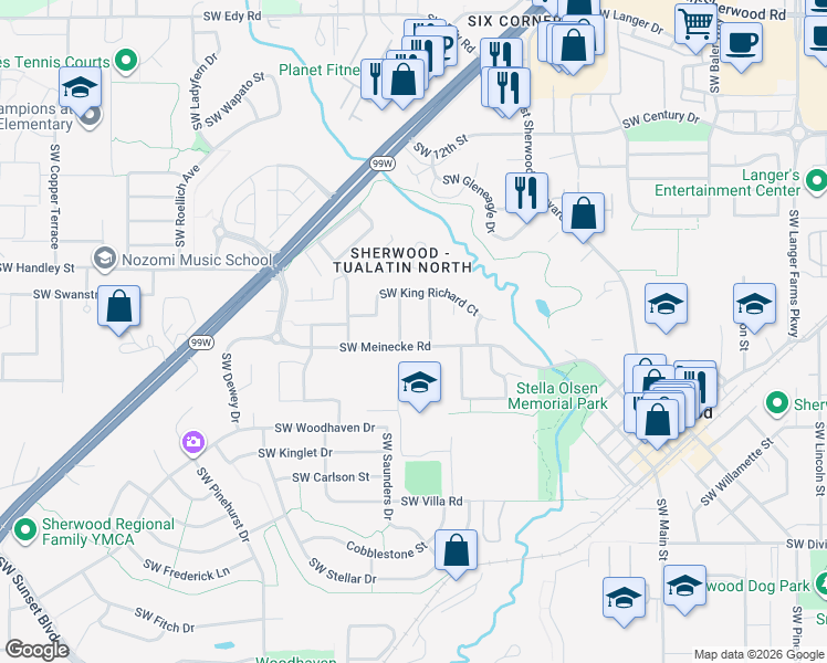 map of restaurants, bars, coffee shops, grocery stores, and more near 22244 Southwest Sir Lancelot Lane in Sherwood