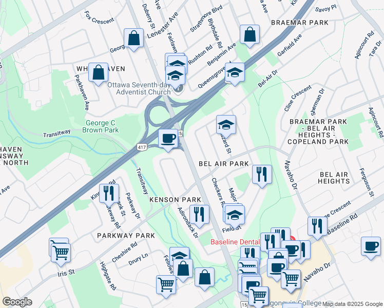 map of restaurants, bars, coffee shops, grocery stores, and more near 1121 Woodroffe Avenue in Ottawa