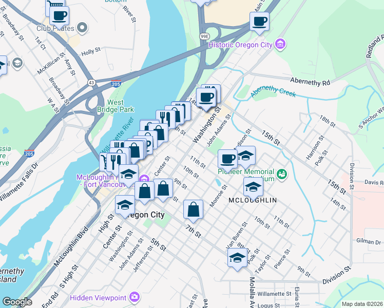 map of restaurants, bars, coffee shops, grocery stores, and more near 1104 Washington Street in Oregon City