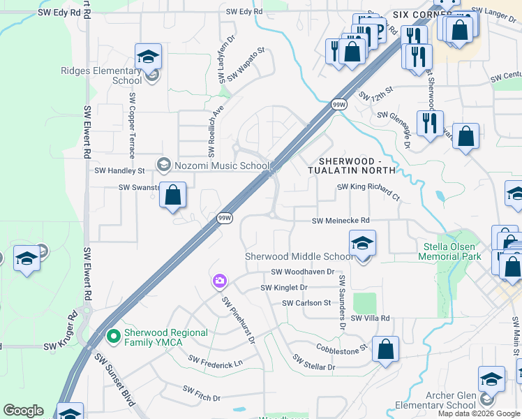 map of restaurants, bars, coffee shops, grocery stores, and more near 22133 Dewey Drive in Sherwood