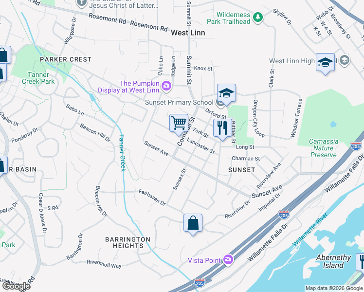 map of restaurants, bars, coffee shops, grocery stores, and more near 4315 Cornwall Street in West Linn